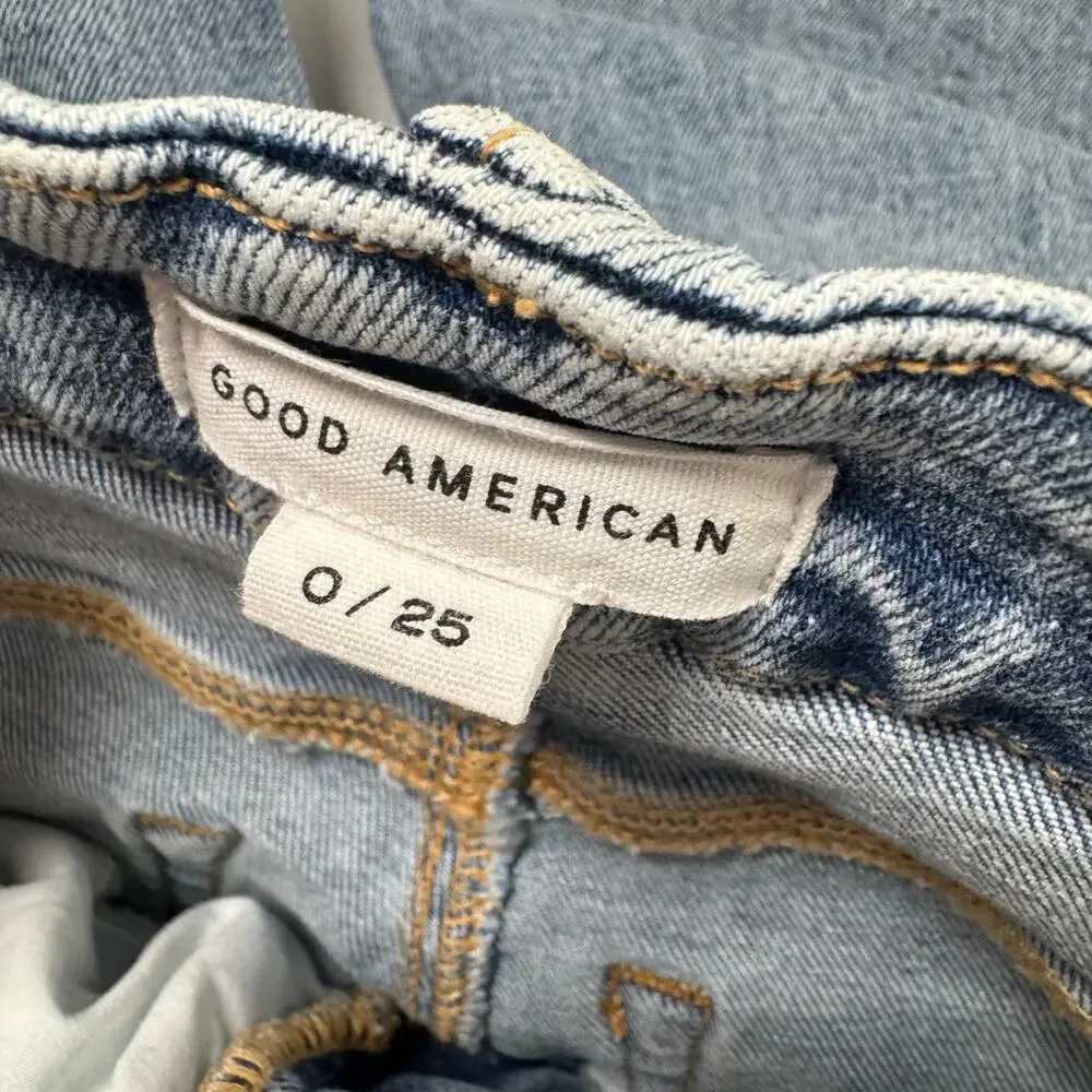 Good American Straight Leg Raw Hem Jeans Light Wash Indigo High Rise Womens Sz 0 - Picture 8 of 10